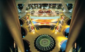 Burj Al Arab Dubai atrium with panoramic views and fountains