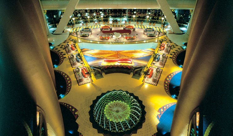 Burj Al Arab Dubai atrium with panoramic views and fountains