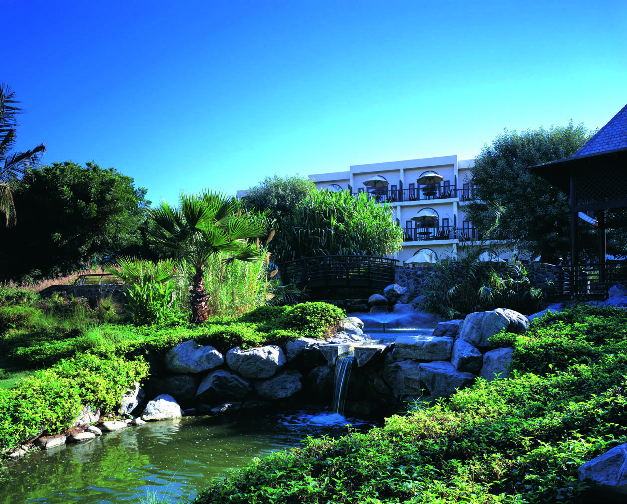 Palm Tree Court Jebel Ali Dubai gardens with stream and waterfall