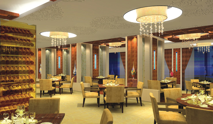 Al Bustan Palace Hotel Oman restraurant area with wine shelves