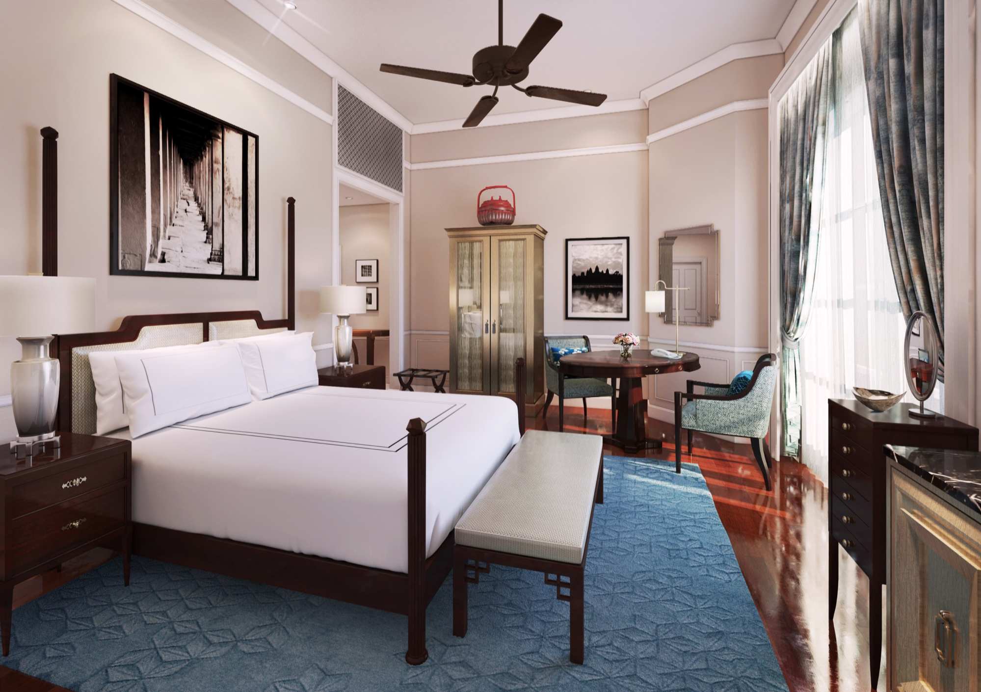 Raffles d'Angkor landmark room, double bed, elegant decor with colonial style
