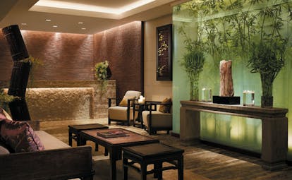 The Peninsula Hong Kong spa reception muted modern decor sitting area plants