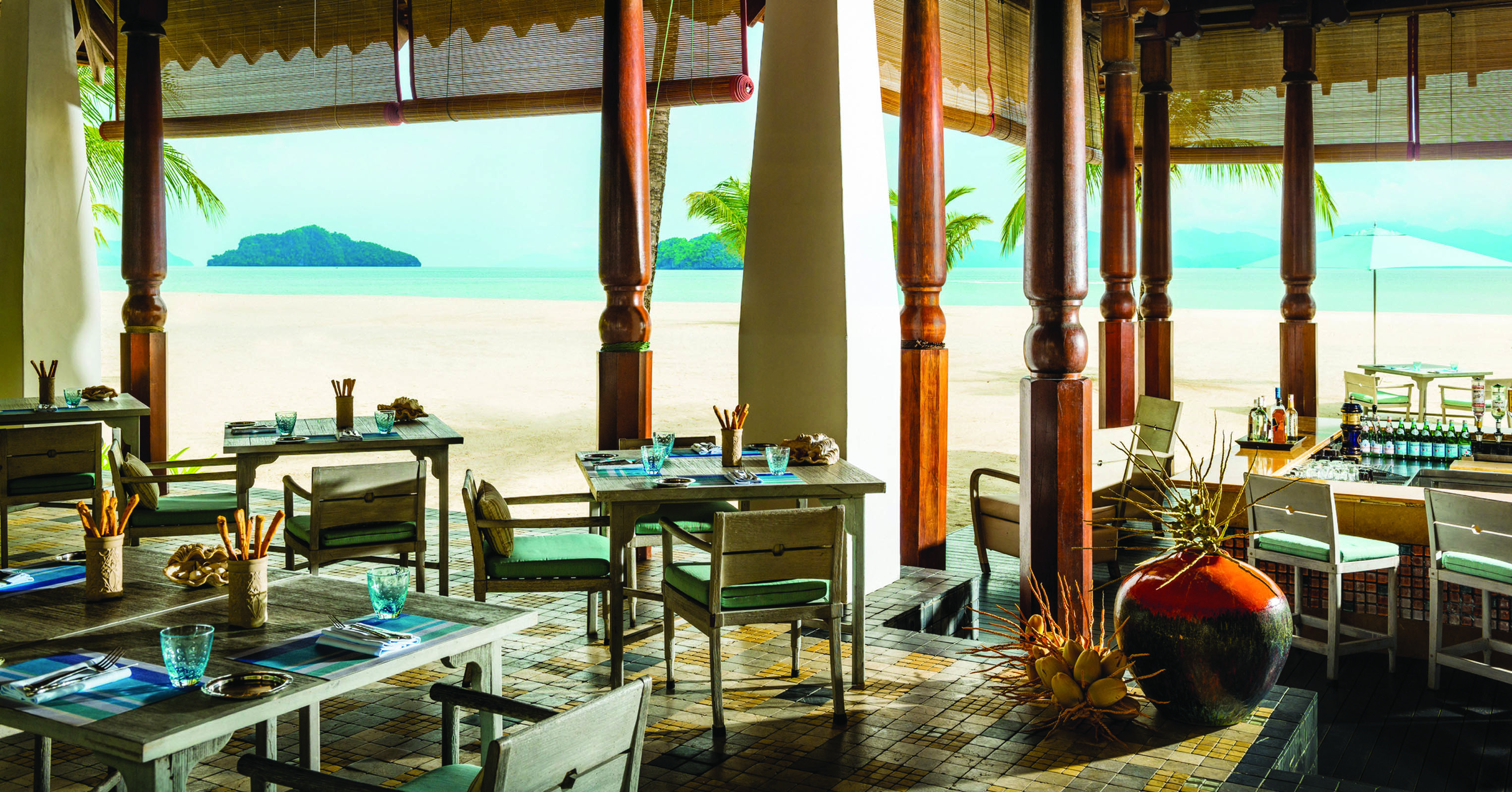 Four Seasons Langkawi Malaysia Kelapa Grill indoor dining beachfront modern authentic décor