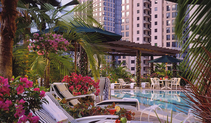 Four Seasons Singapore outdoor pool flowers loungers palms umbrellas