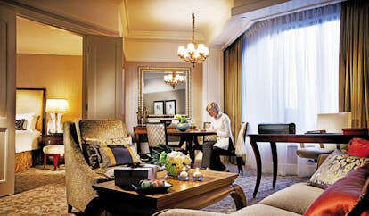 Four Seasons Singapore suite lounge writing desk view of bedroom