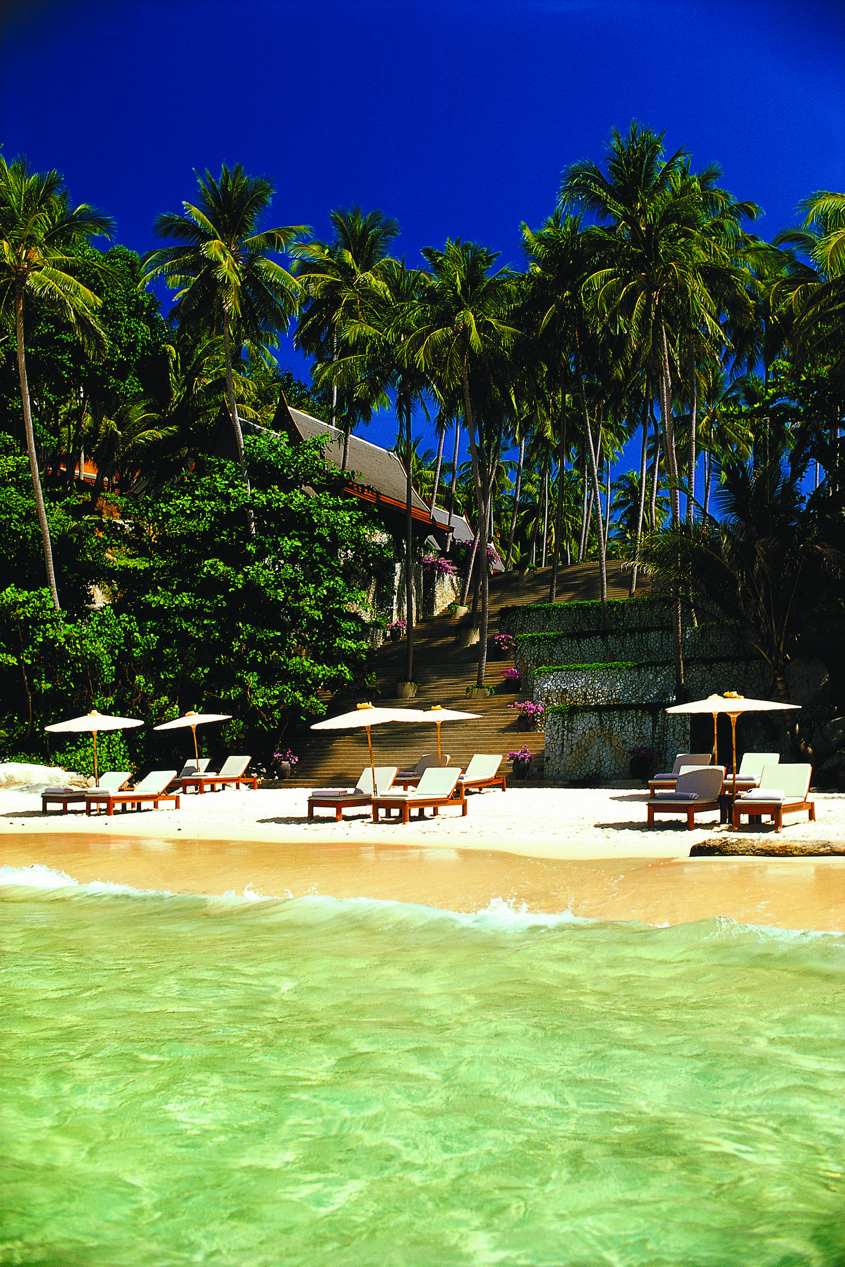 Beach with clear blue sea, sun loungers and umbrellas on the sand and large palm trees in the sea
