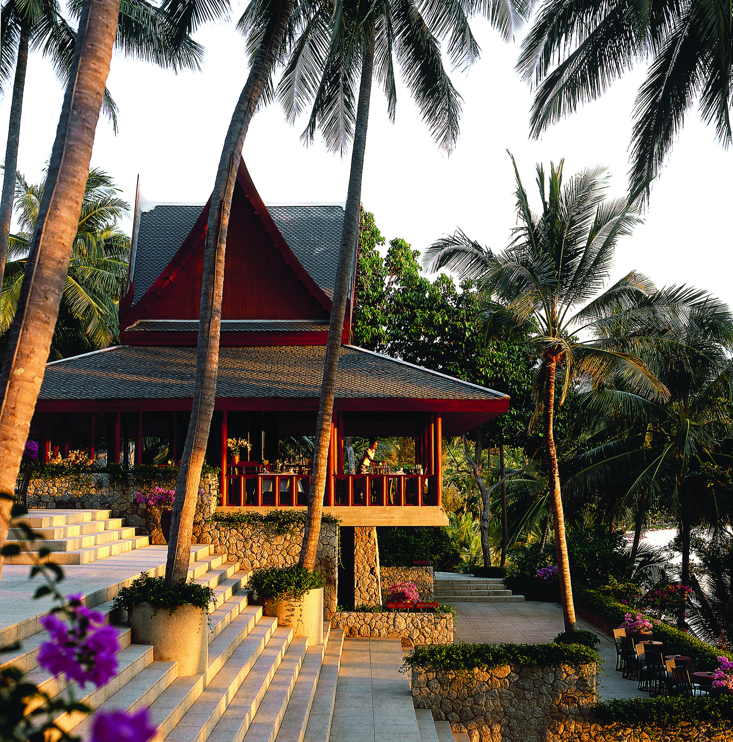 Exterior of hotel with large palm trees and sunloungers shown around the pool