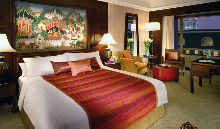 Anantara Siam Bangkok Thailand bedroom traditional Asian artwork seating area city view