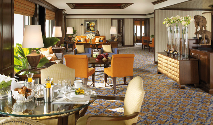 Anantara Siam Bangkok Thailand lounge breakfast large room with dining area and seating area with sofa 