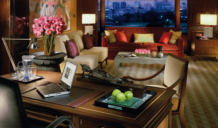 Anantara Siam Bangkok Thailand suite living room writing desk sofa large window city view 