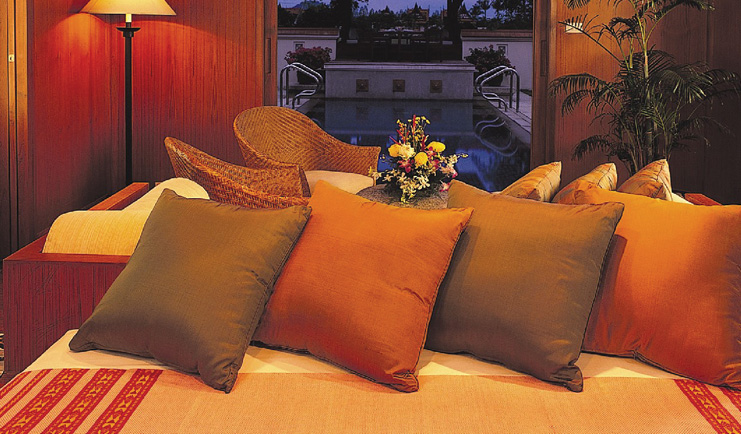 Banyan Tree Phuket Thailand pool villa seating area sofa chairs view to pool