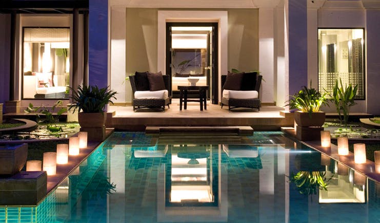 Banyan Tree Phuket Thailand spa pool villa outdoor pool night time loungers view into villa