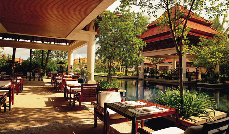 Banyan Tree Phuket Thailand Tamarind spa covered outdoor dining area pond pavilion view