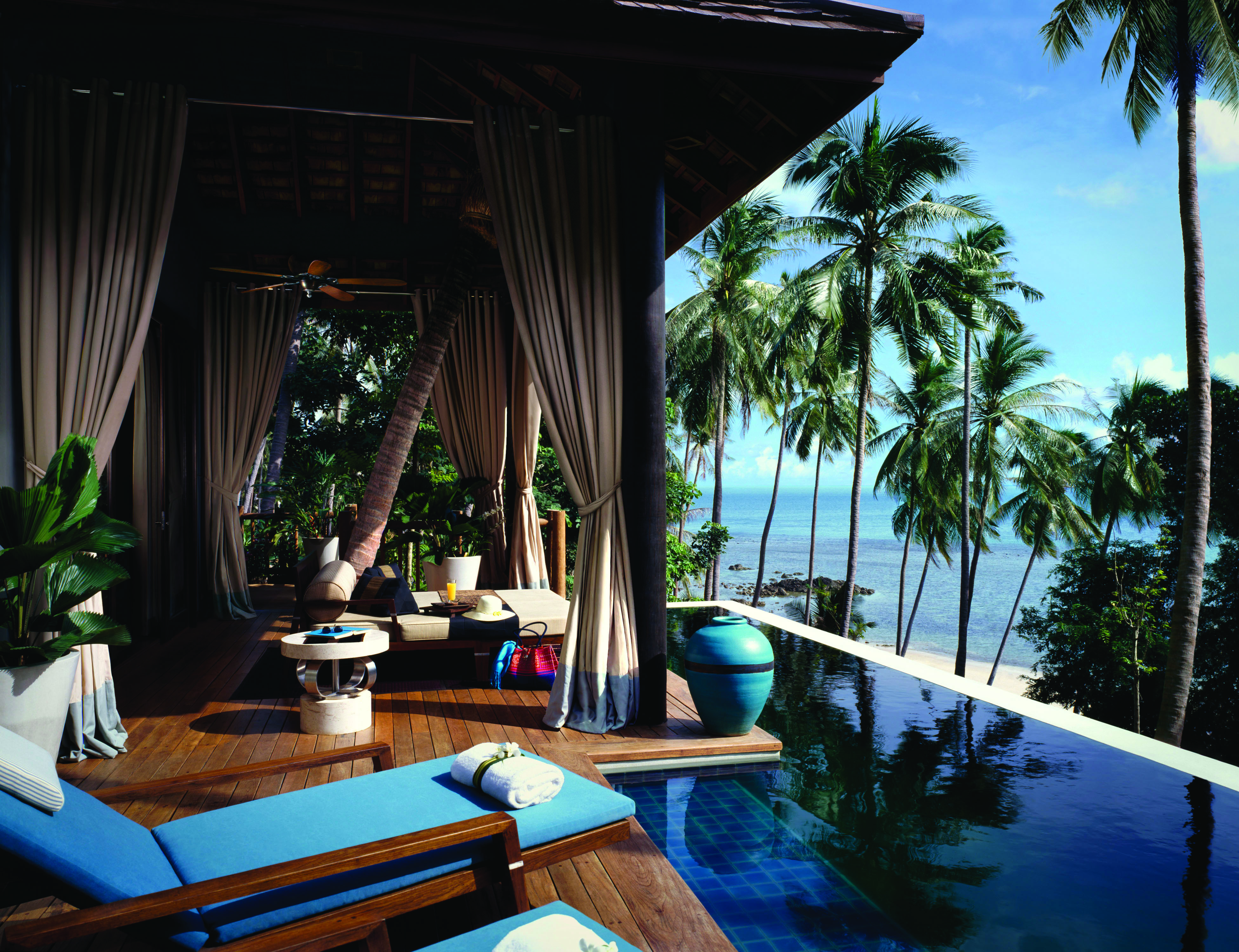 Four Seasons Koh Samui Thailand private pool and terrace sun loungers overlooking beach