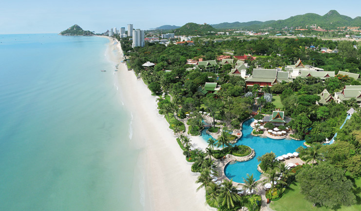 Hyatt Regency Hua Hin Thailand aerial view of resort beach ocean palm forest swimming pool