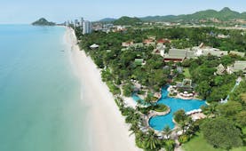 Hyatt Regency Hua Hin Thailand aerial view of resort beach ocean palm forest swimming pool