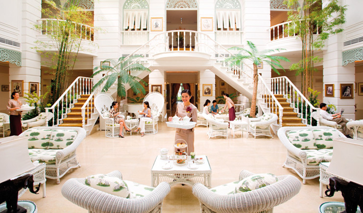 Mandarin Oriental Bangkok Thailand authors lounge sitting area waiting staff airy decor 