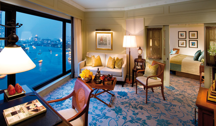 Mandarin Oriental Bangkok Thailand executive suite sitting area desk bedroom panoramic city river view