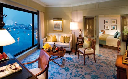 Mandarin Oriental Bangkok Thailand executive suite sitting area desk bedroom panoramic city river view
