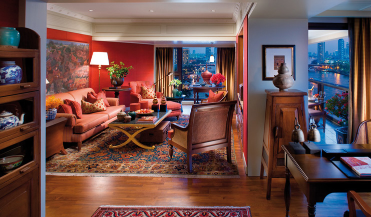Mandarin Oriental Bangkok Thailand Jim Thompson suite sitting room sofas opulent decor city view