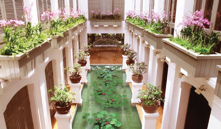 Mandarin Oriental Bangkok Thailand spa aerial view lily pond flowers balconies