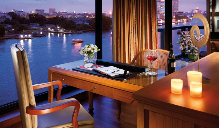 Mandarin Oriental Bangkok Thailand state room office desk panoramic river view