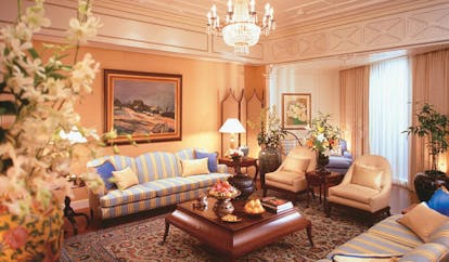 Mandarin Oriental Bangkok Thailand suite lounge classic decor sofas chandelier