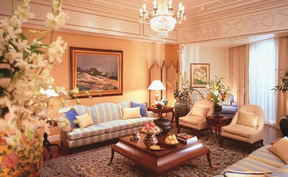 Mandarin Oriental Bangkok Thailand suite lounge classic decor sofas chandelier