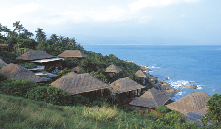 Six Senses Samui Thailand bungalow views thatched rooves palm forests ocean views