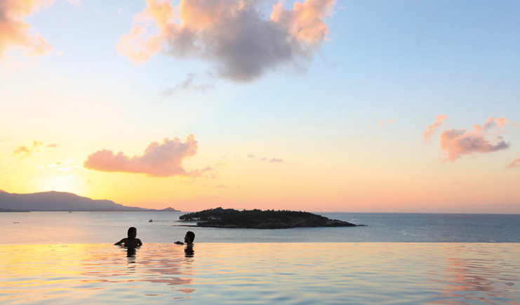 Six Senses Samui Thailand infinity pool ocean view sunset island view