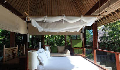 Six Senses Samui Thailand pool villa bedroom sleeping pavilion mosquito drapes garden view sofa
