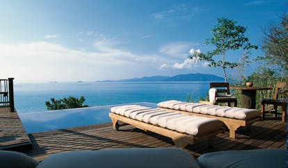 Six Senses Samui Thailand private infinity pool deck sun loungers ocean view