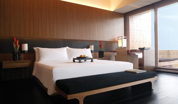 The Dhara Devi Thailand bedroom modern minimalist decor tray on bed