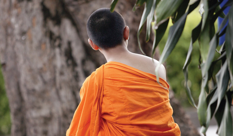 The Dhara Devi Thailand monk with shaved head and bright orange robes