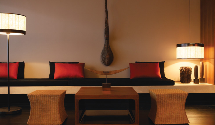 The Dhara Devi Thailand suite lounge modern minimalist decor wicker stools sofa