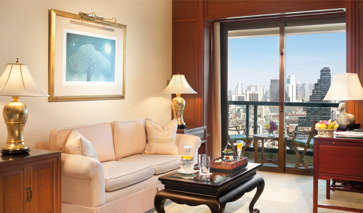 The Peninsula Bangkok Thailand balcony room lounge classic decor with city view