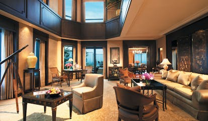The Peninsula Bangkok Thailand duplex suite lounge sofas panoramic views
