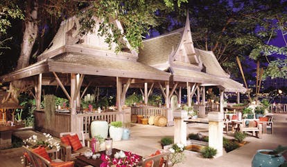The Peninsula Bangkok Thailand outdoor terrace outdoor dining area Thai pavilion pagoda