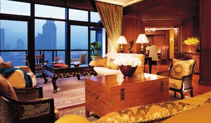 The Peninsula Bangkok Thailand peninsula suite lounge classic decor panoramic city view 