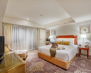 Apricot Hotel masterpiece suite, double bed, armchair, elegant decor, door leading to living room