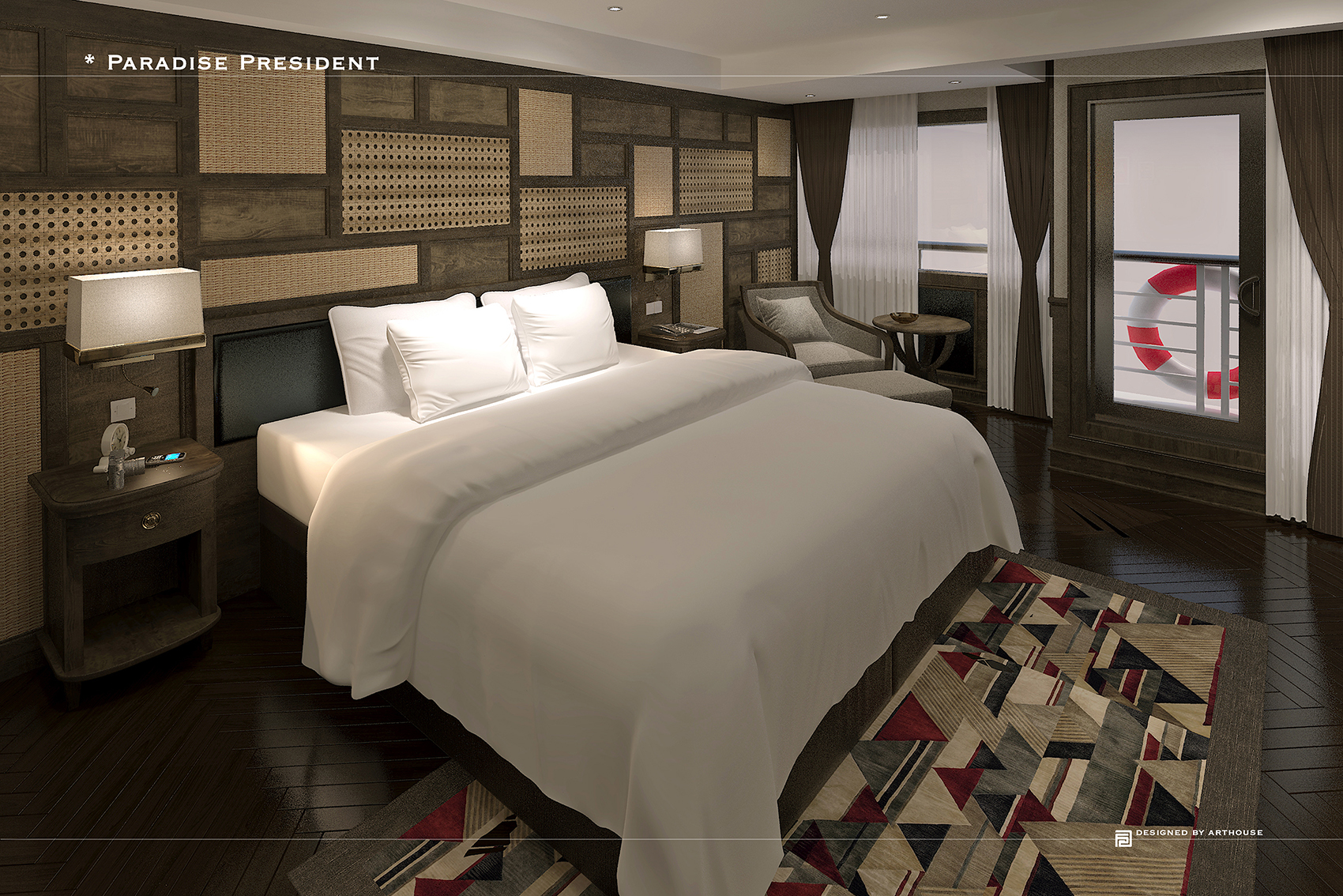 President Cruise bedroom, double bed, modern decor