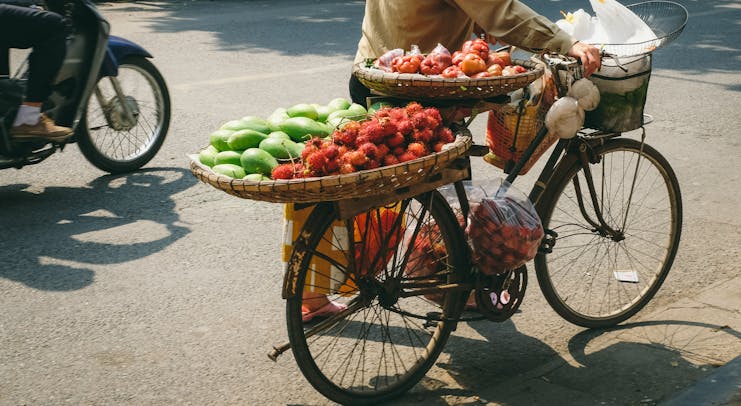 Street seller selling fruit, lychees, mangoes, on a bike in the Old Quarter of Hanoi