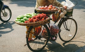 Street seller selling fruit, lychees, mangoes, on a bike in the Old Quarter of Hanoi