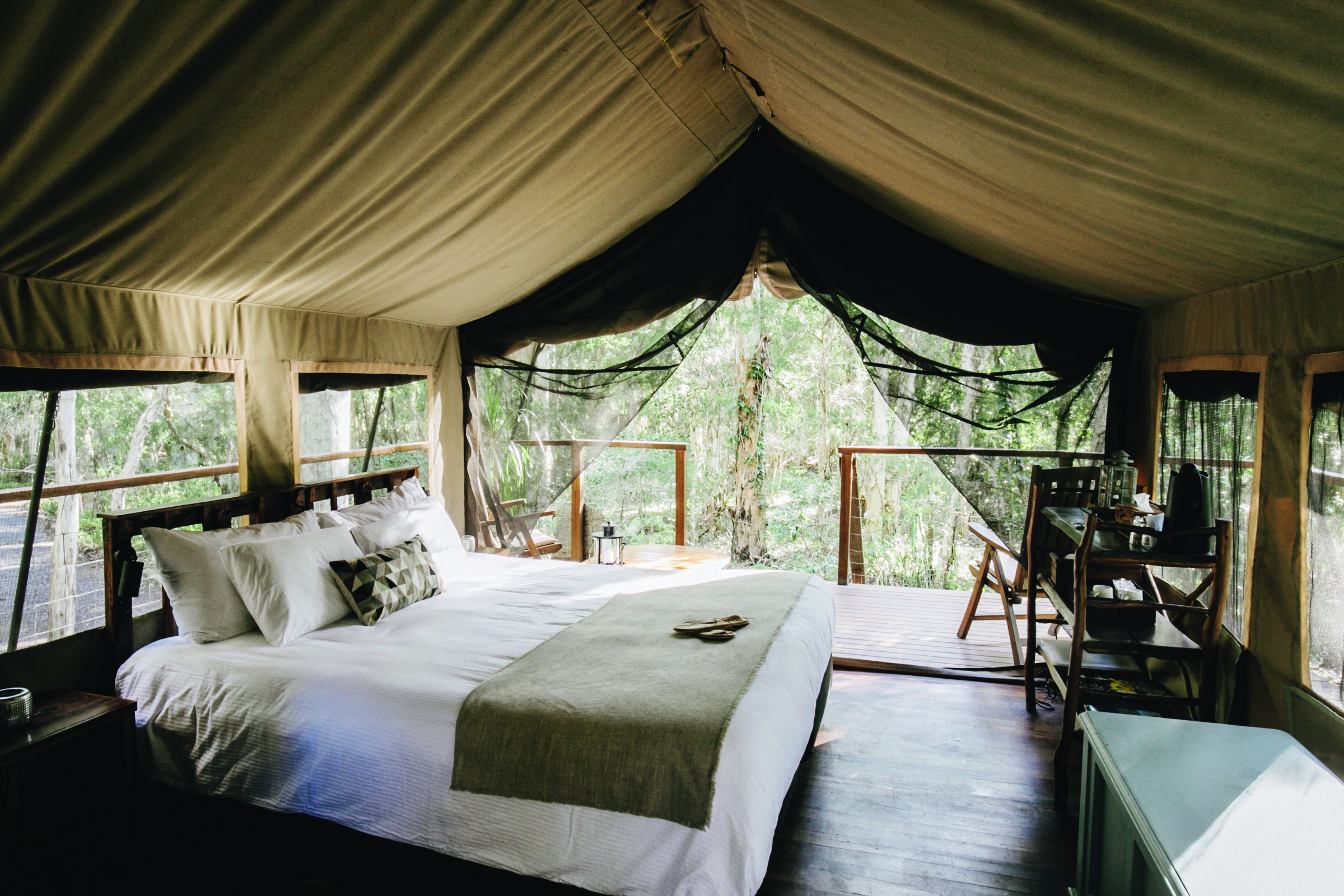 Paperbark Camp New South Wales safari interior tent with large white bed and view of trees