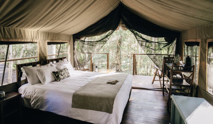 Paperbark Camp New South Wales safari interior tent with large white bed and view of trees