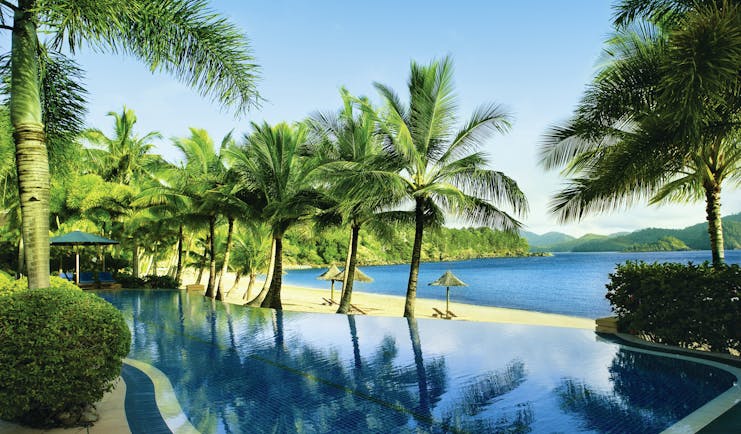 Beach Club Hamilton infinity pool, palm trees, beach