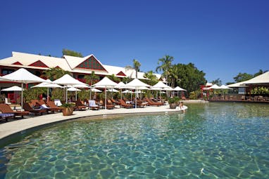 Port Douglas Peninsula Queensland ocean pool with loungers and umbrellas 