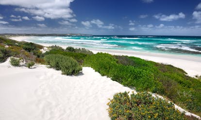 Beach on Kangaroo Island in Australia, white sand blue seas