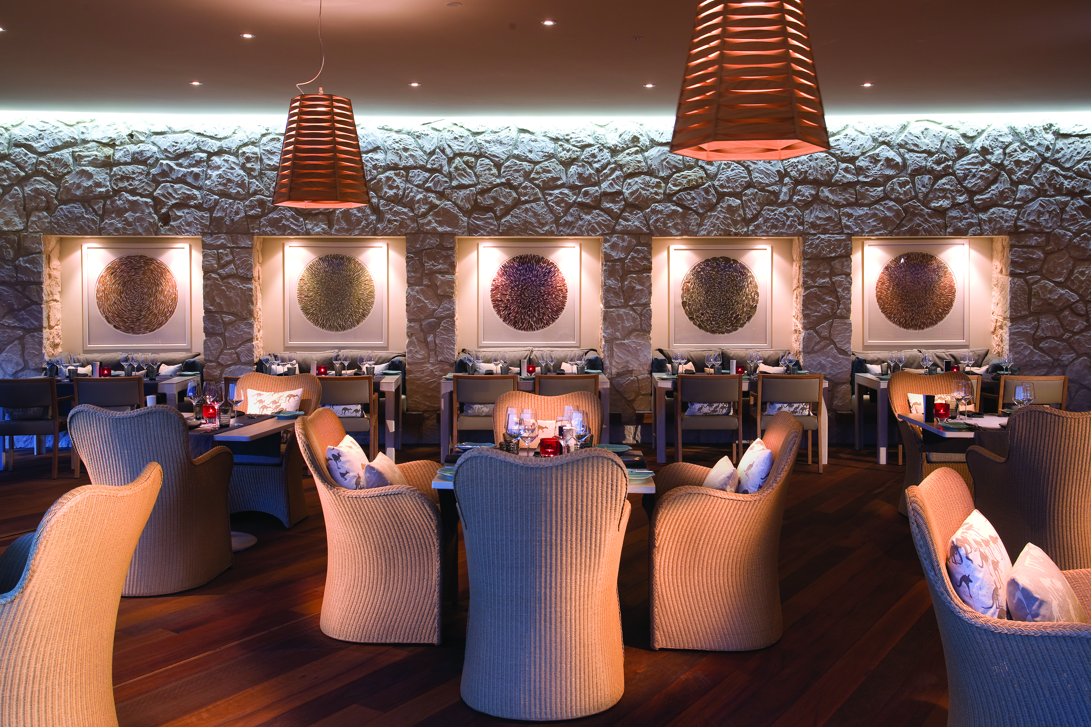 Southern Ocean Lodge restaurant, indoor dining area, tables and chairs, cosy modern decor