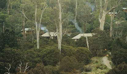 Cradle Mountain Lodge Tasmania cabin complex of wood cabins surrounded by trees